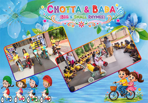 Today in kindergarten Chotta cycle Bada Cyle was taught in a creative way.The cycle was shown to all children to explain the concept practically. Kids got to play with the cycle during the lesson. Children understood Small vs Big through play and visual example
